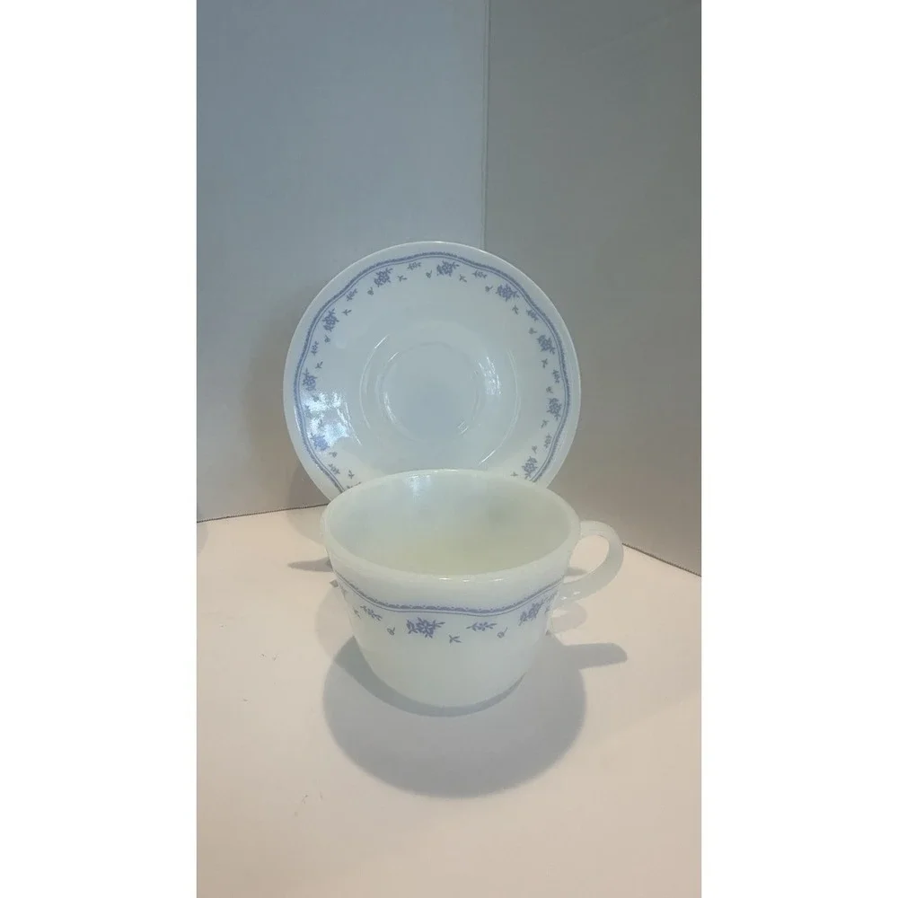 Pyrex Coffee Mug w/ matching Correlle Saucer Morning Blue Pattern Set Of 4 - Picture 2 of 9
